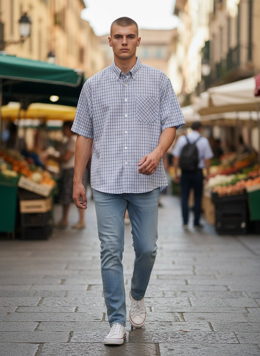 👔 Chemisette à Carreaux Bleus — City Hemd — XXL (T43-44)
