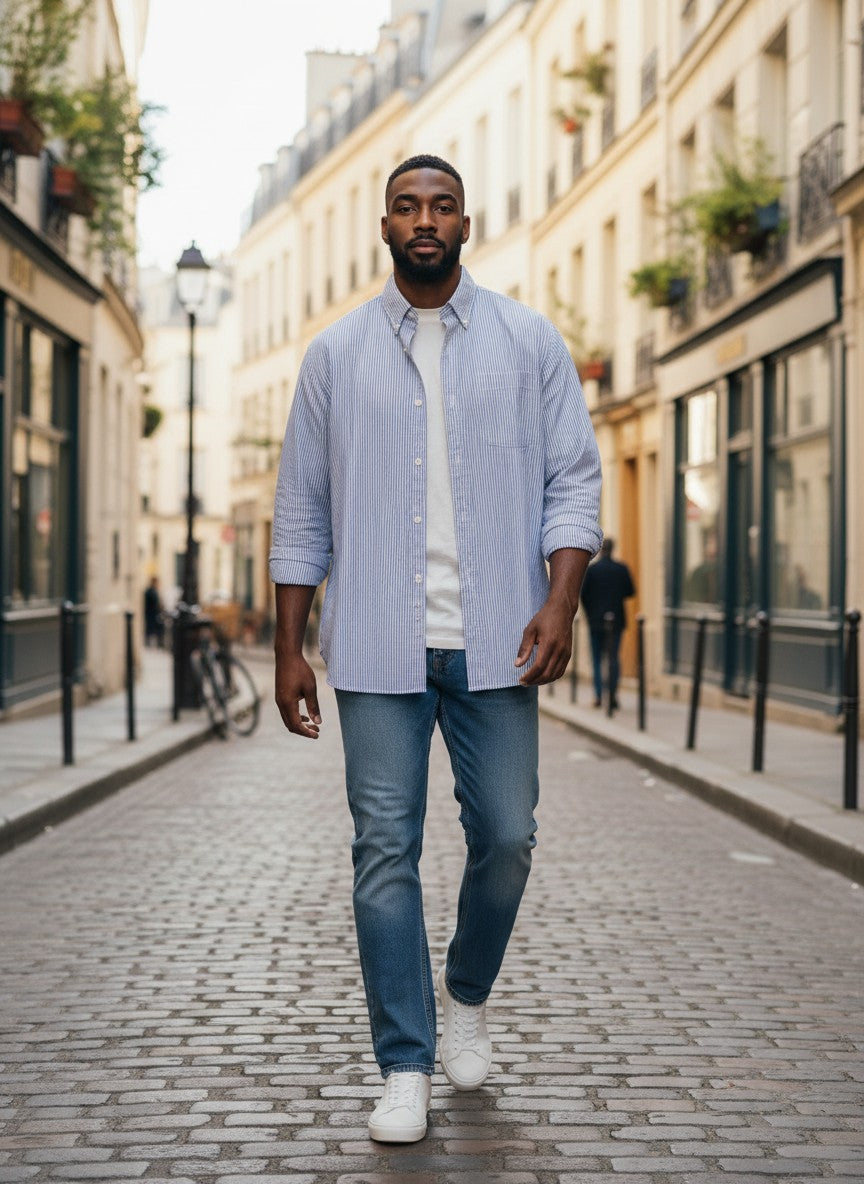 Chemise rayée bleue et blanche Monoprix Homme - Slim Fit - Taille XXL