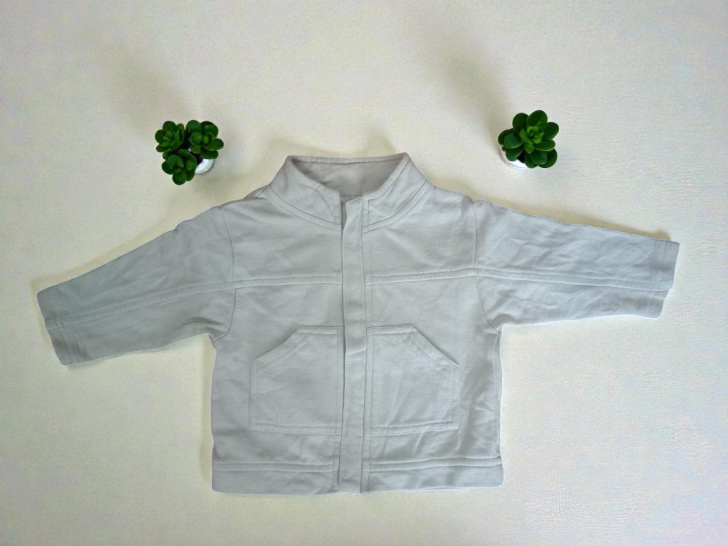 Jeans And Jackets light grey zip-up sweatshirt with two front pockets and a stand-up collar.