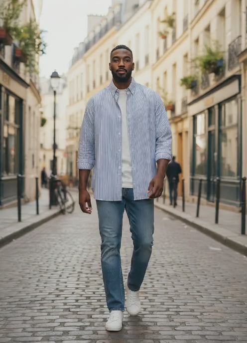Chemise rayée bleue et blanche Monoprix Homme - Slim Fit - Taille XXL